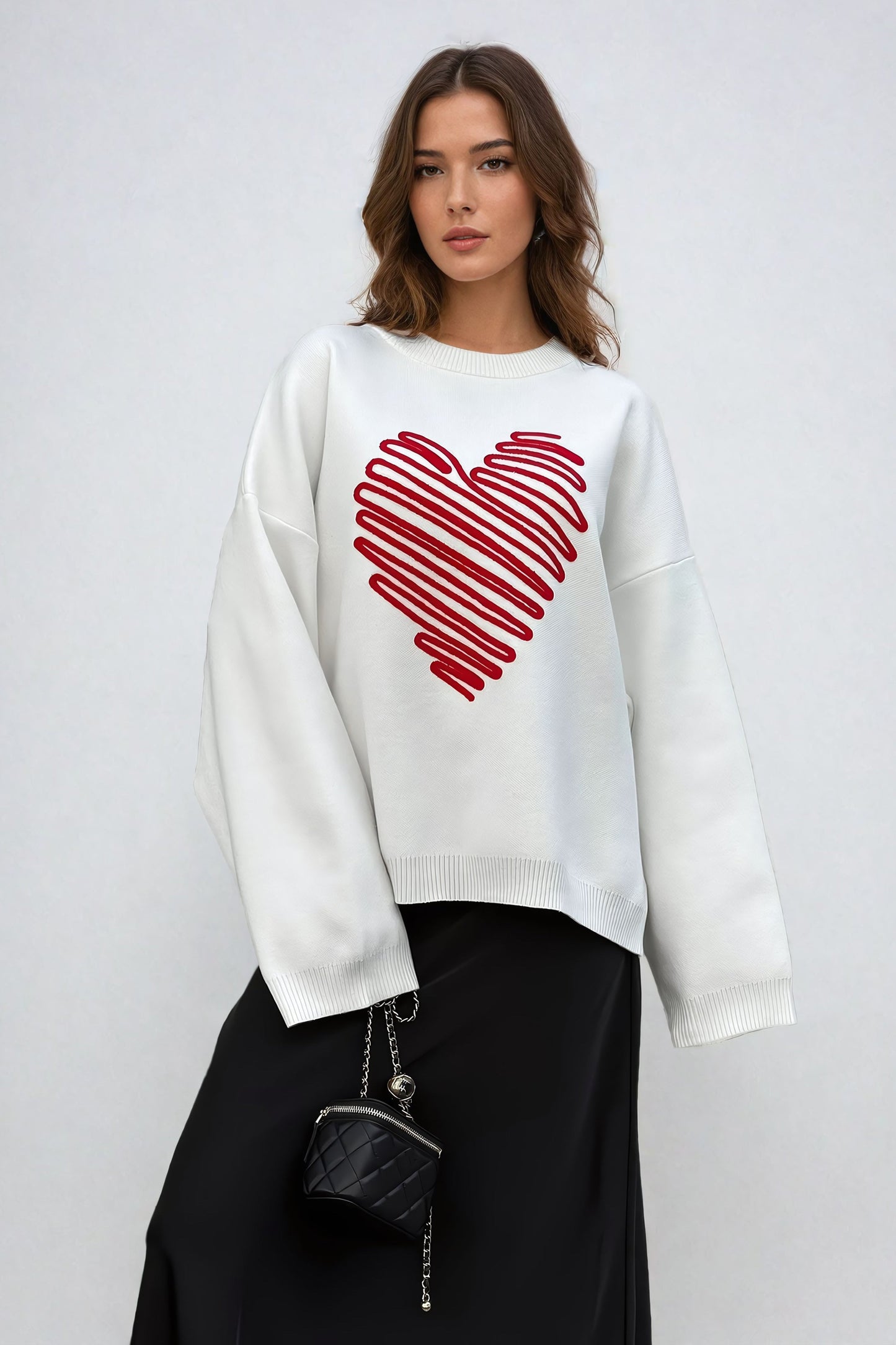 Oversized Heart Embroidery Sweater - White