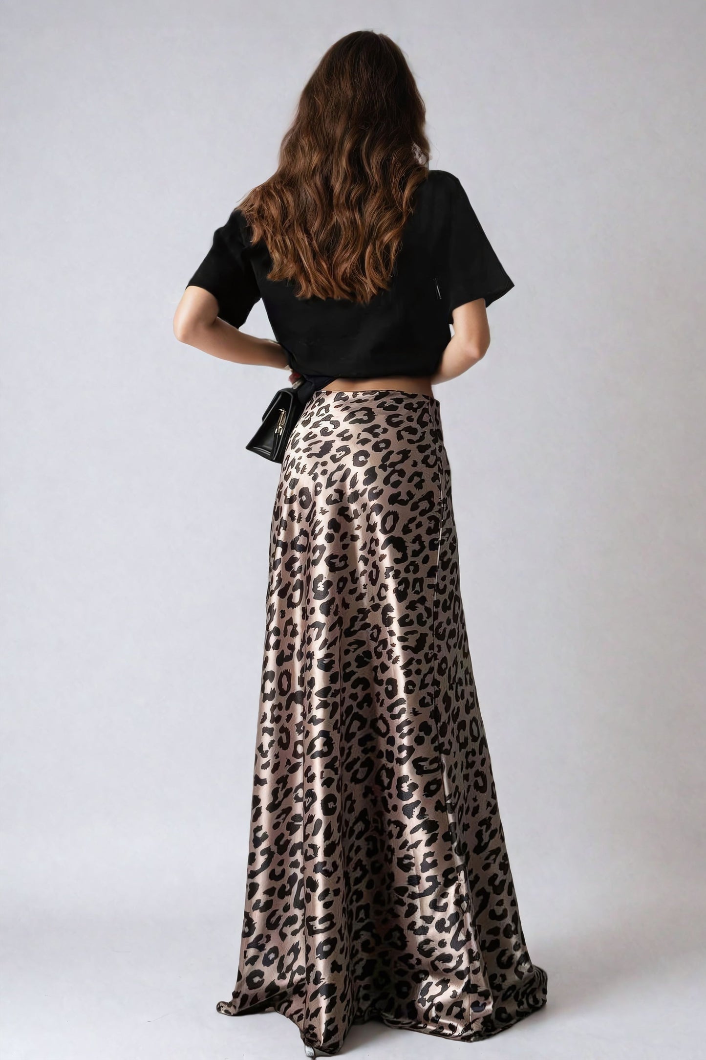 Leopard Print Flared Maxi Skirt - Brown