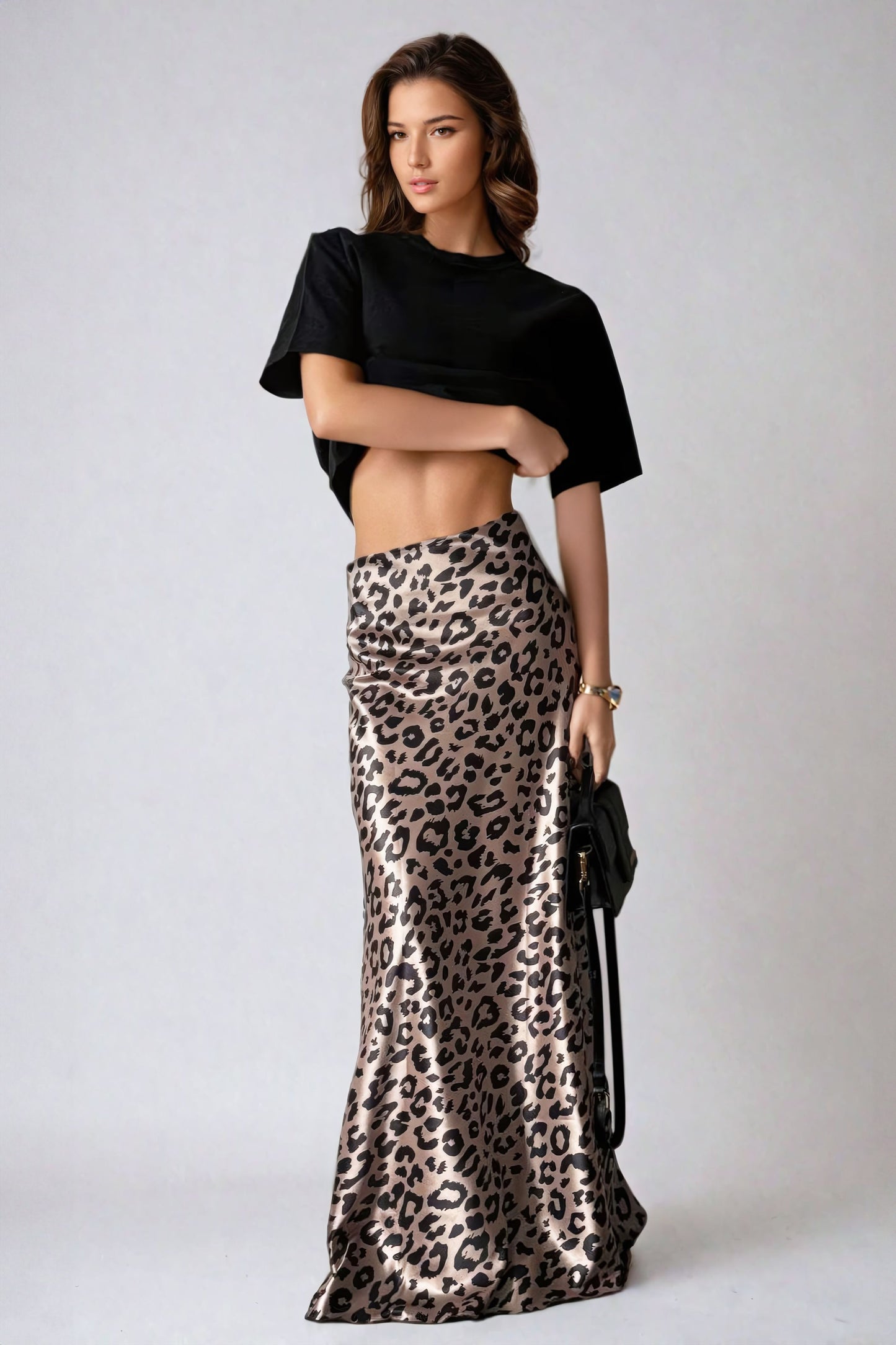 Leopard Print Flared Maxi Skirt - Brown