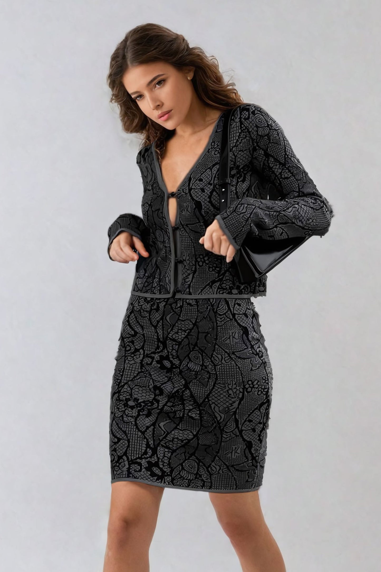 Two-Piece Set with Knitted Lace Button-Up Top and Skirt - Gray