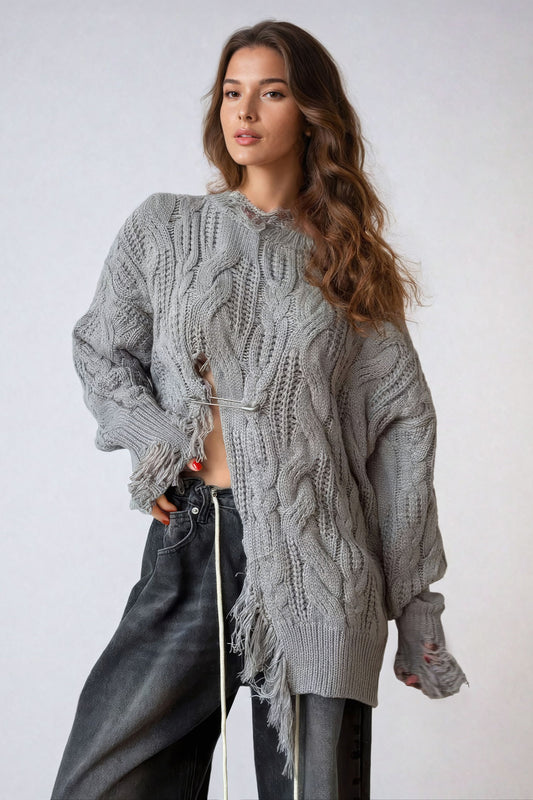 Distressed Cable-Knit Sweater with Safety Pin Accent - Gray