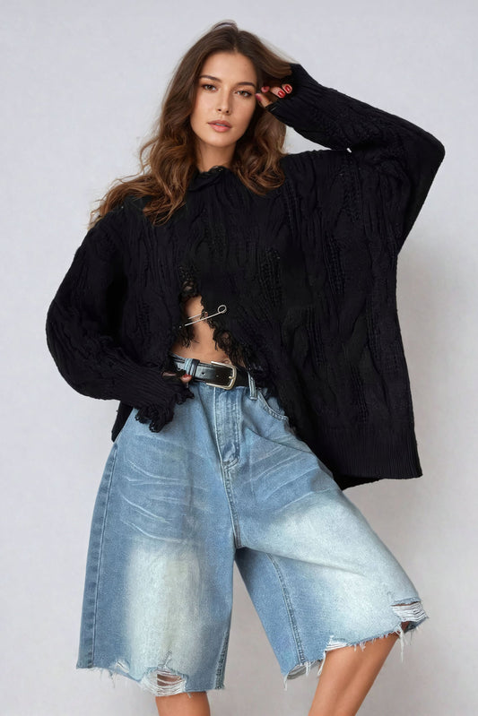 Distressed Cable-Knit Sweater with Safety Pin Accent - Black