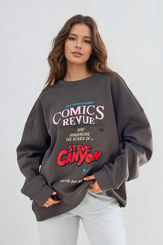 Oversized "Comics Revue" Graphic Sweatshirt - Gray