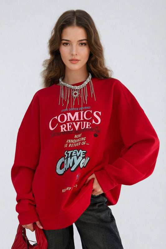 Oversized "Comics Revue" Graphic Sweatshirt - Red