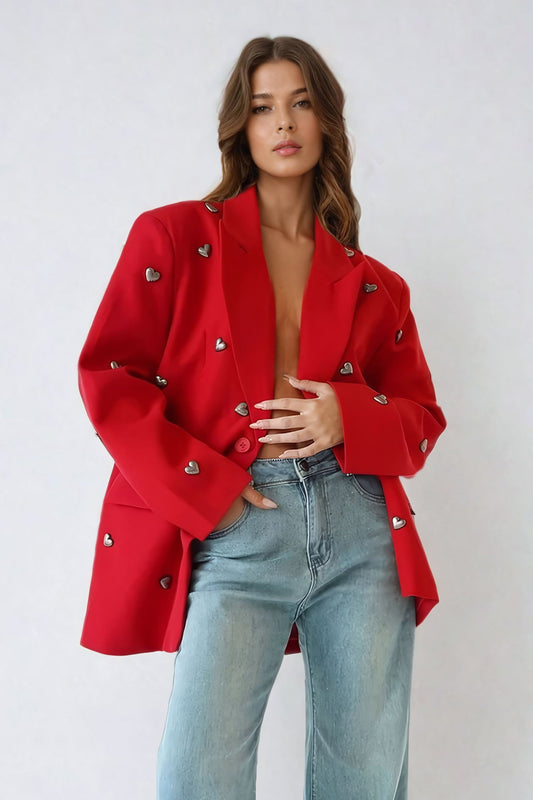 Oversized Blazer with Heart Embellishments - Red