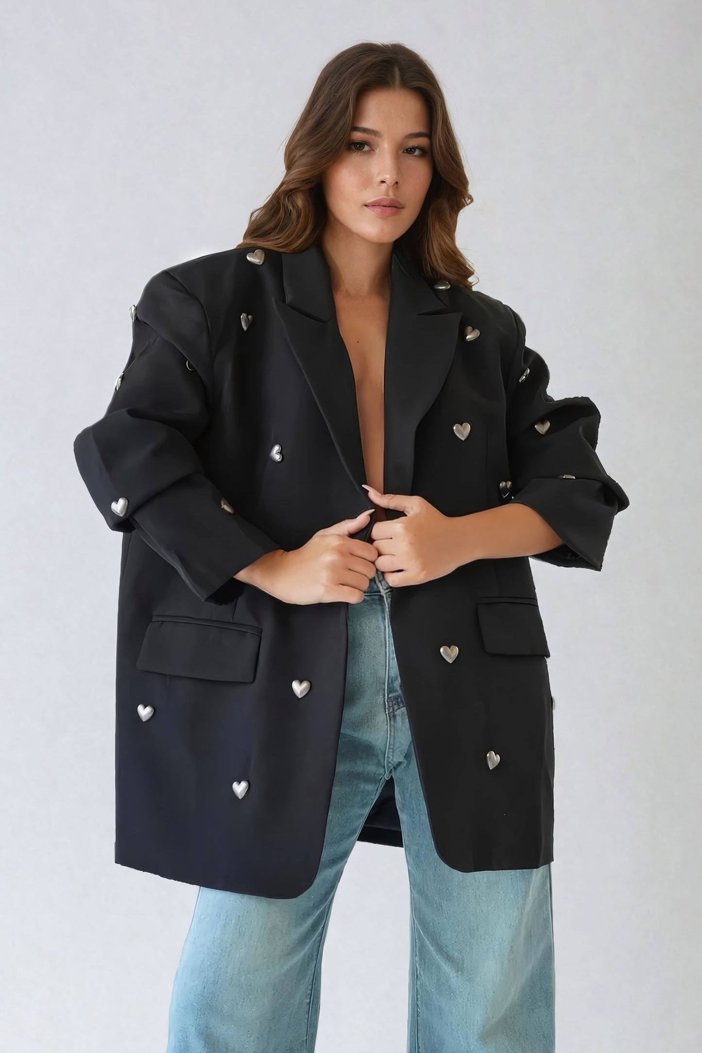 Oversized Blazer with Heart Embellishments - Black