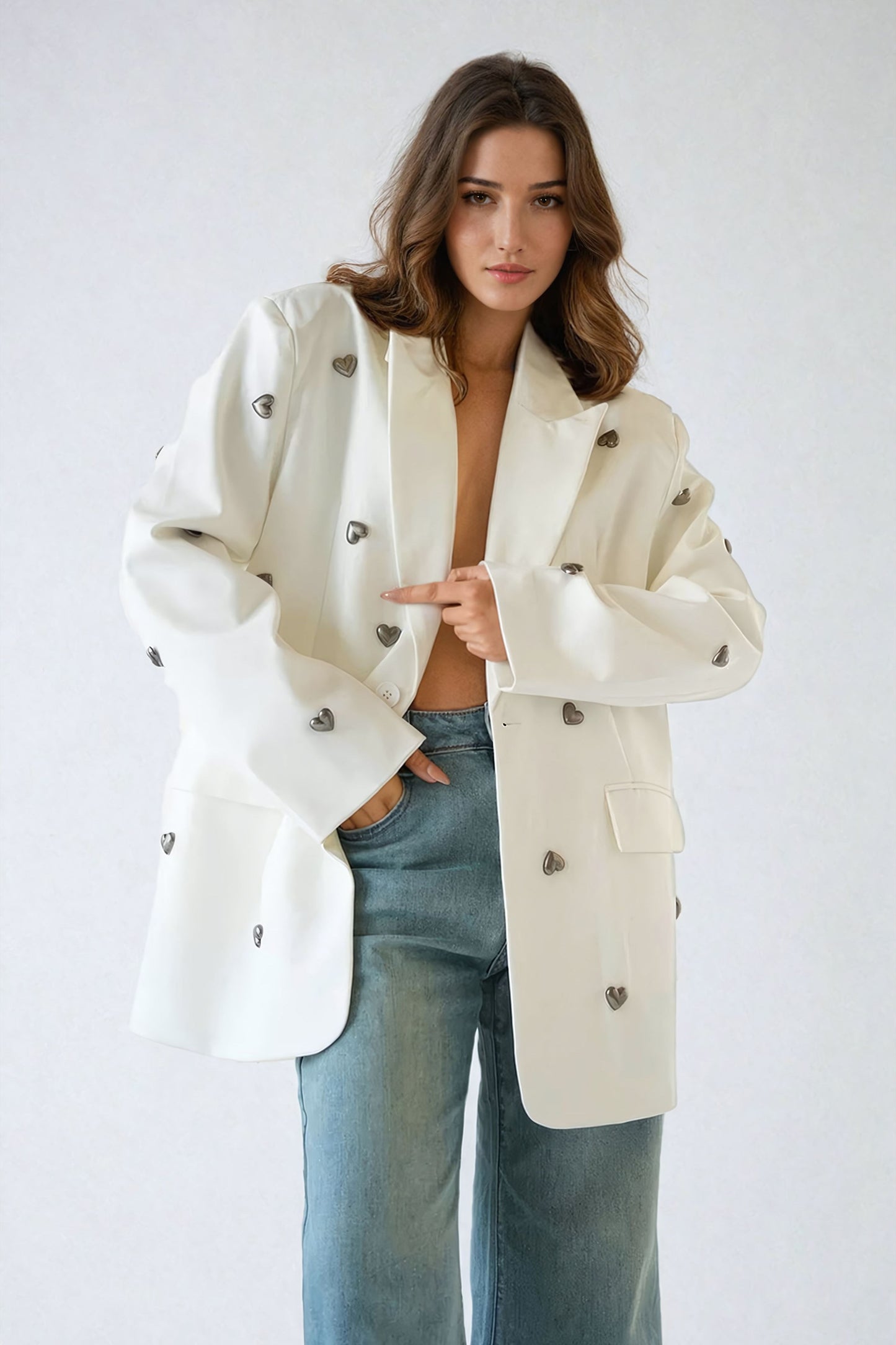 Oversized Blazer with Heart Embellishments - White