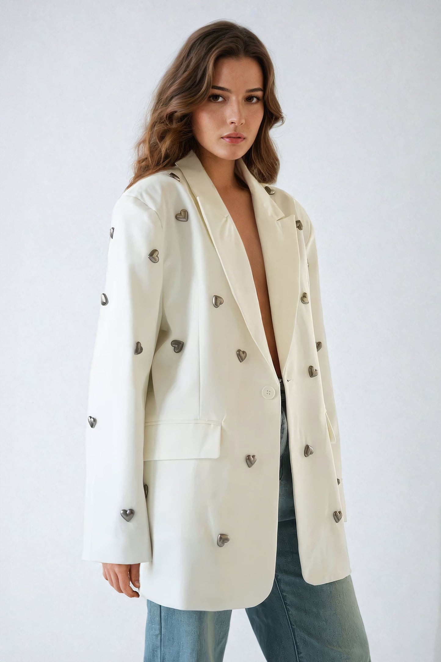 Oversized Blazer with Heart Embellishments - White