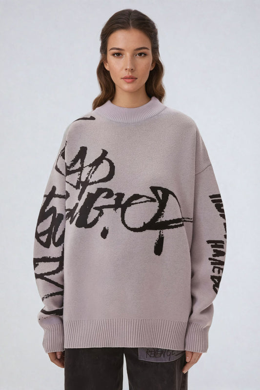 Oversized Graffiti-Print Knitted Sweater - Purple