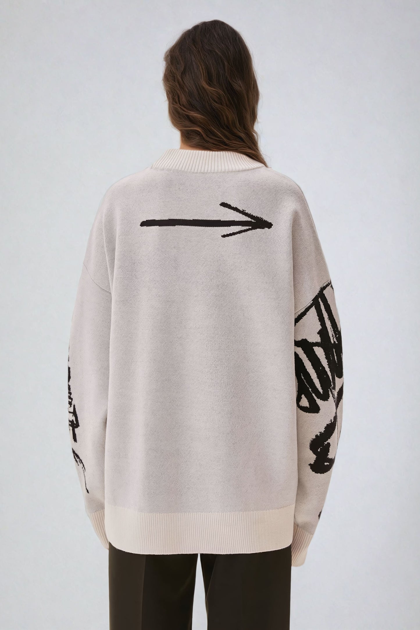 Oversized Graffiti-Print Knitted Sweater - Beige