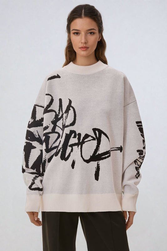 Oversized Graffiti-Print Knitted Sweater - Beige