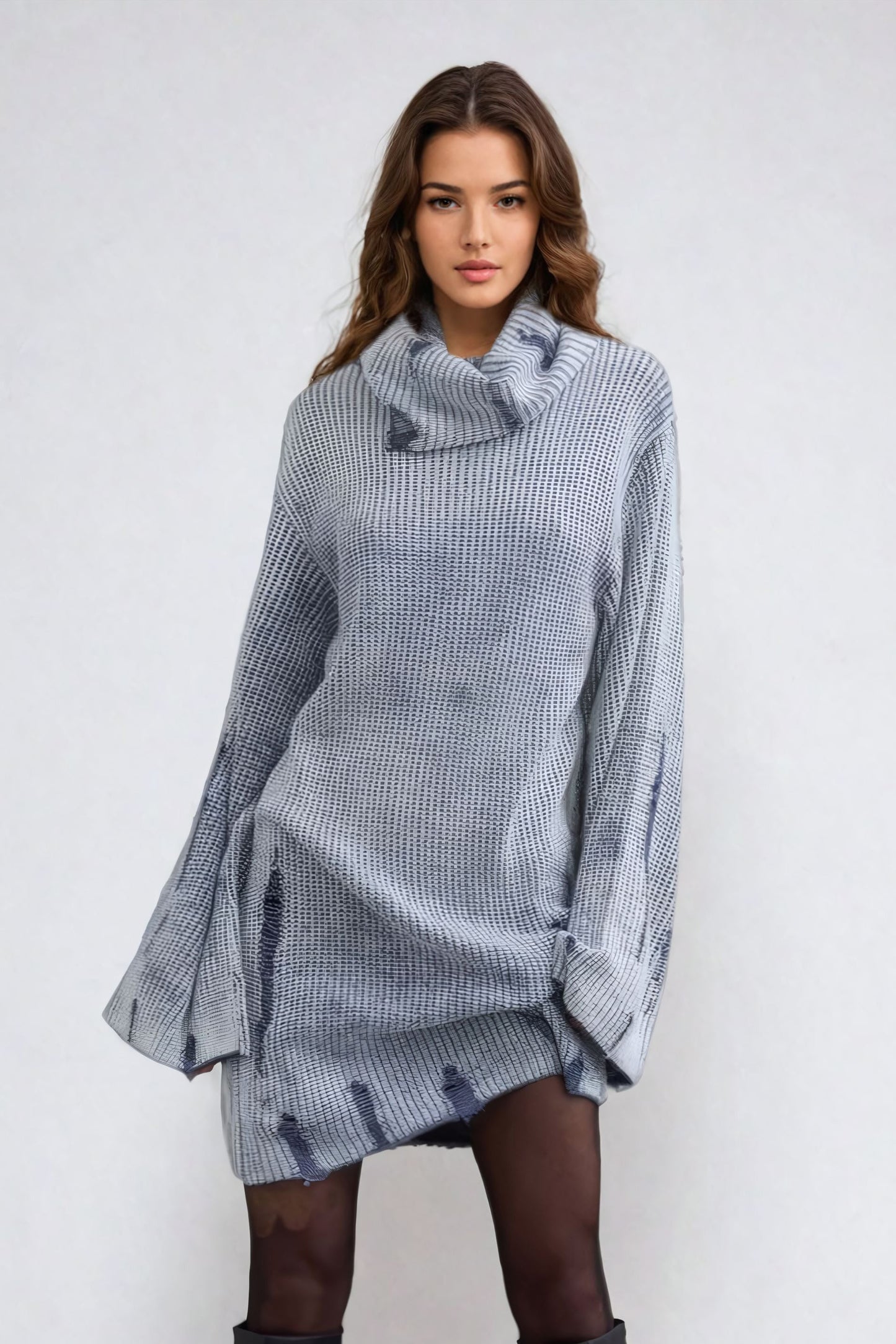 Distressed Knit Turtleneck Mini Dress - Blue