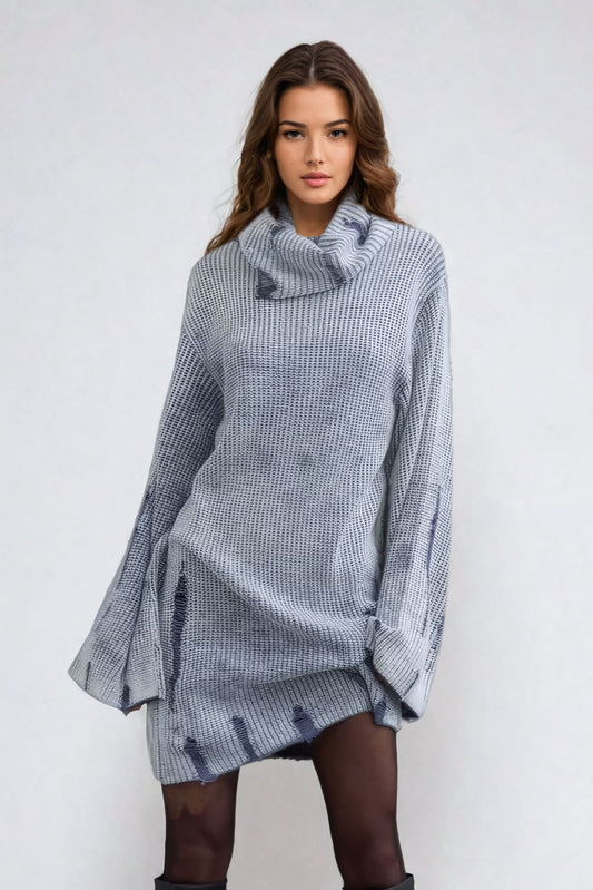 Distressed Knit Turtleneck Mini Dress - Blue