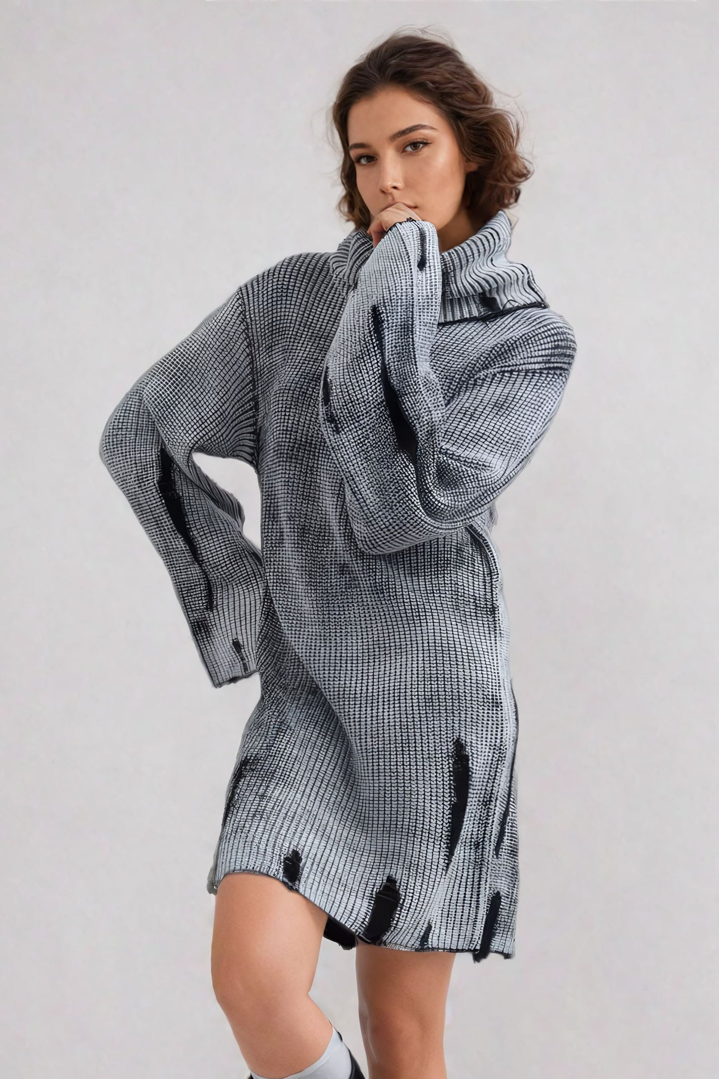 Distressed Knit Turtleneck Mini Dress - Gray