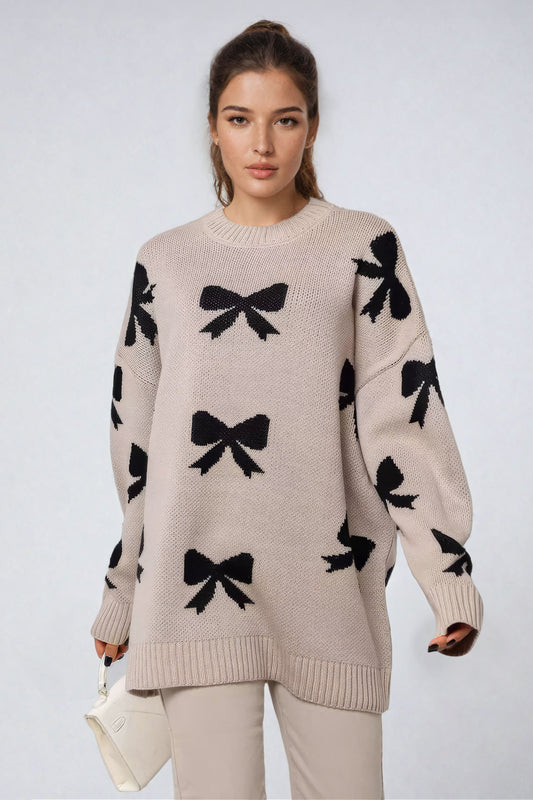 Oversized Knitted Sweater with Bow Pattern - Brown