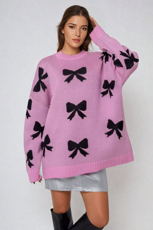 Oversized Knitted Sweater with Bow Pattern - Pink