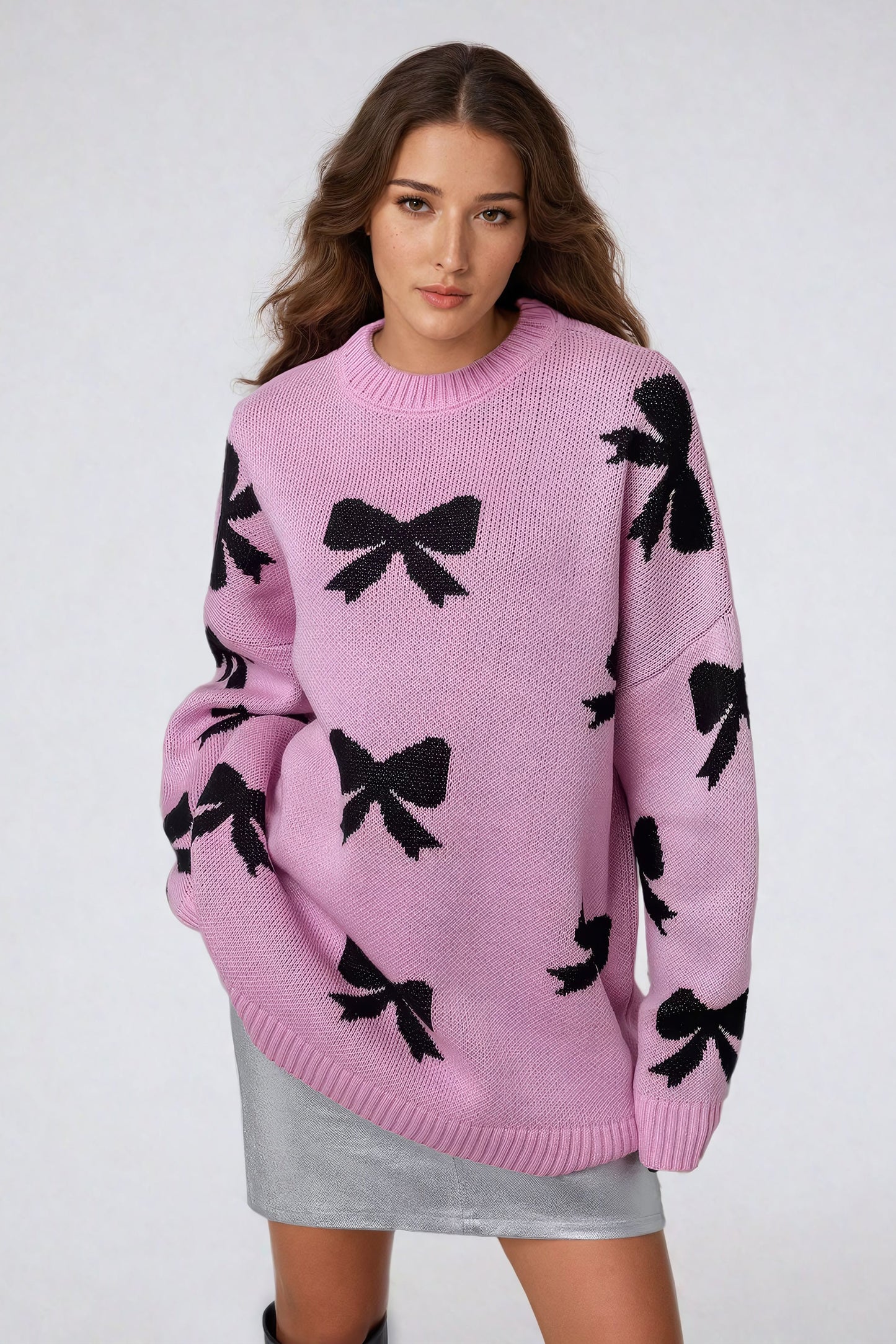 Oversized Knitted Sweater with Bow Pattern - Pink