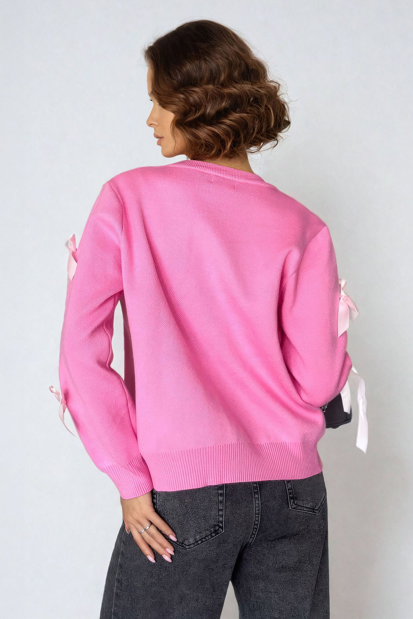 Button-Front Knitted Cardigan with Ribbon Bow Accents - Pink