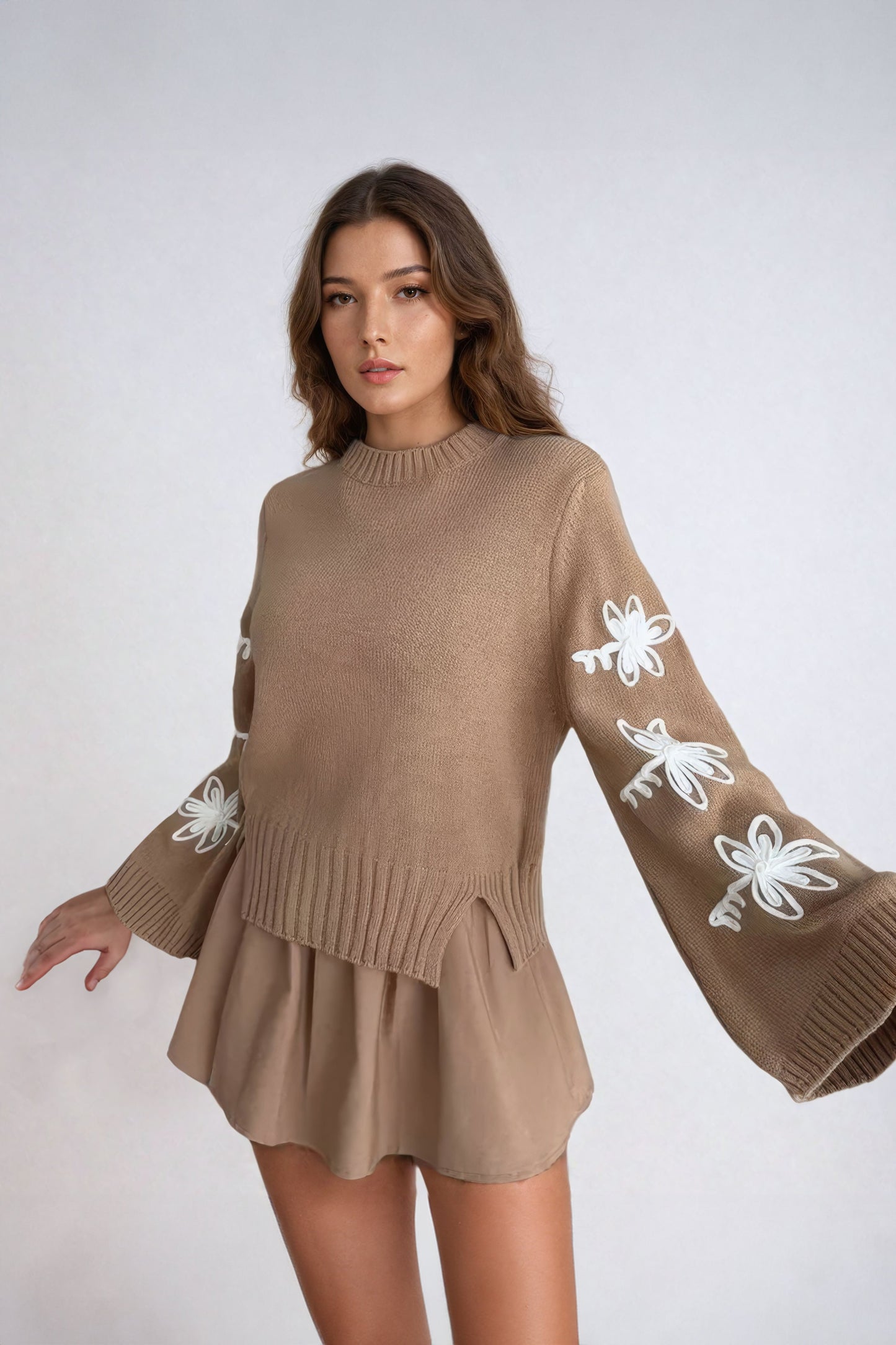 Knitted Sweater with Embroidered Floral Sleeves - Brown
