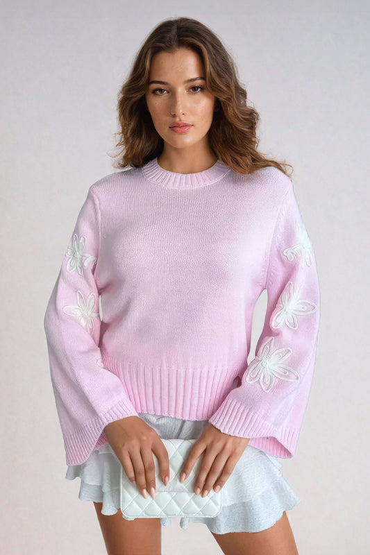 Knitted Sweater with Embroidered Floral Sleeves - Pink