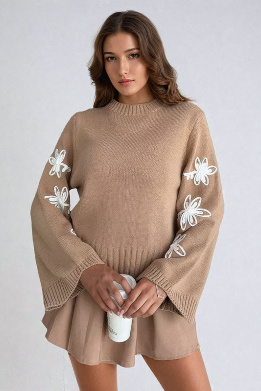 Knitted Sweater with Embroidered Floral Sleeves - Brown