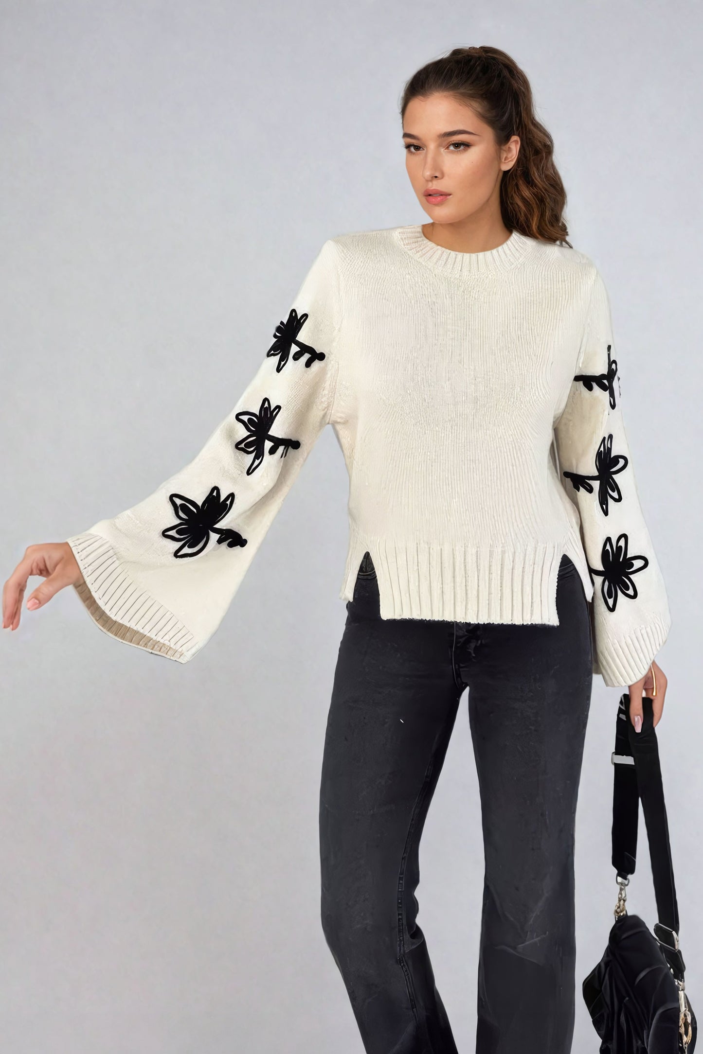 Knitted Sweater with Embroidered Floral Sleeves - Beige