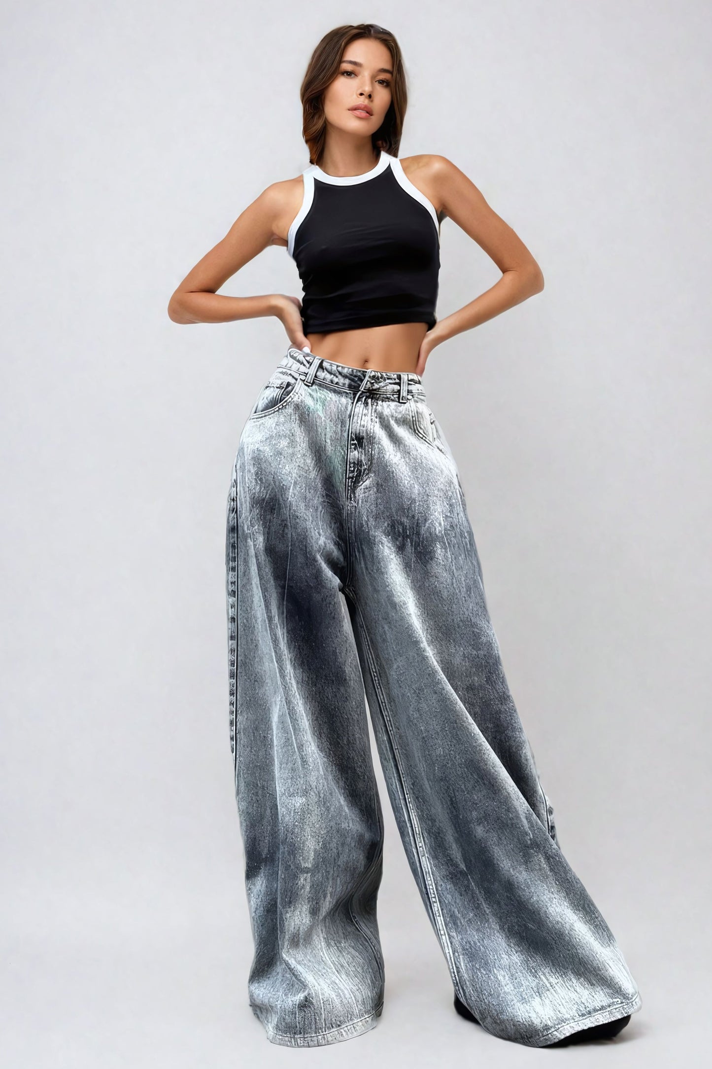 Oversized Wide-Leg Jeans with High Waist - Gray