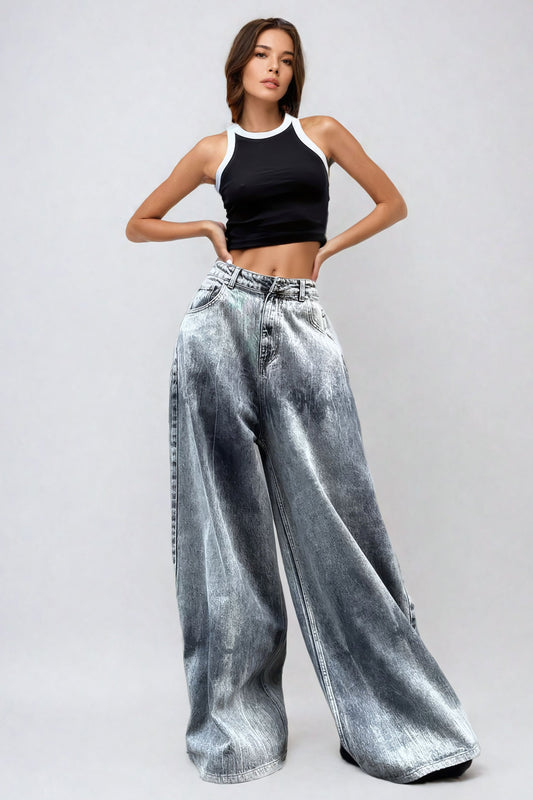 Oversized Wide-Leg Jeans with High Waist - Gray