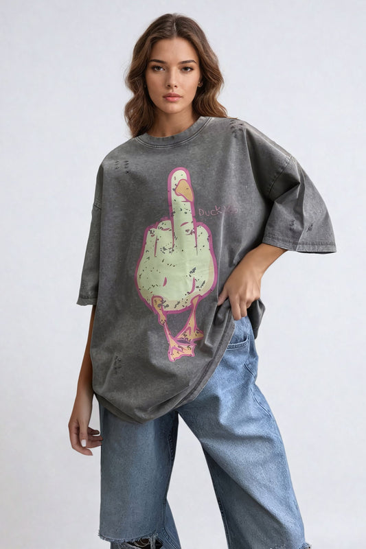 Oversized Distressed T-Shirt with Bold Duck Graphic - Gray