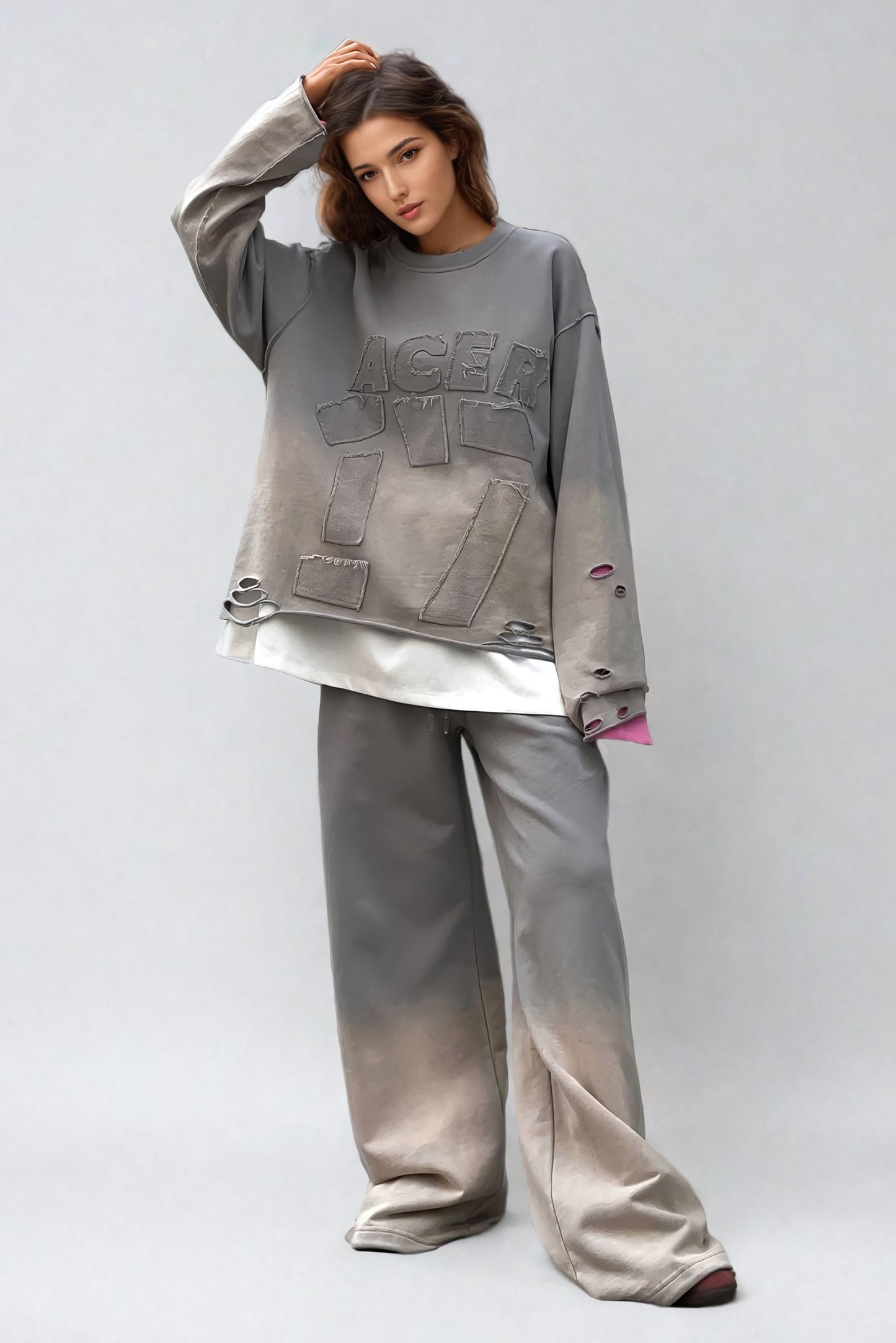 Two-Piece Set with Distressed Sweater and Trousers - Gray