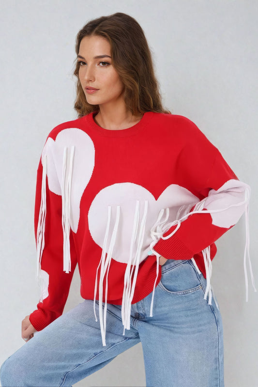 Heart-Embellished Sweater with Fringe Detailing - Red