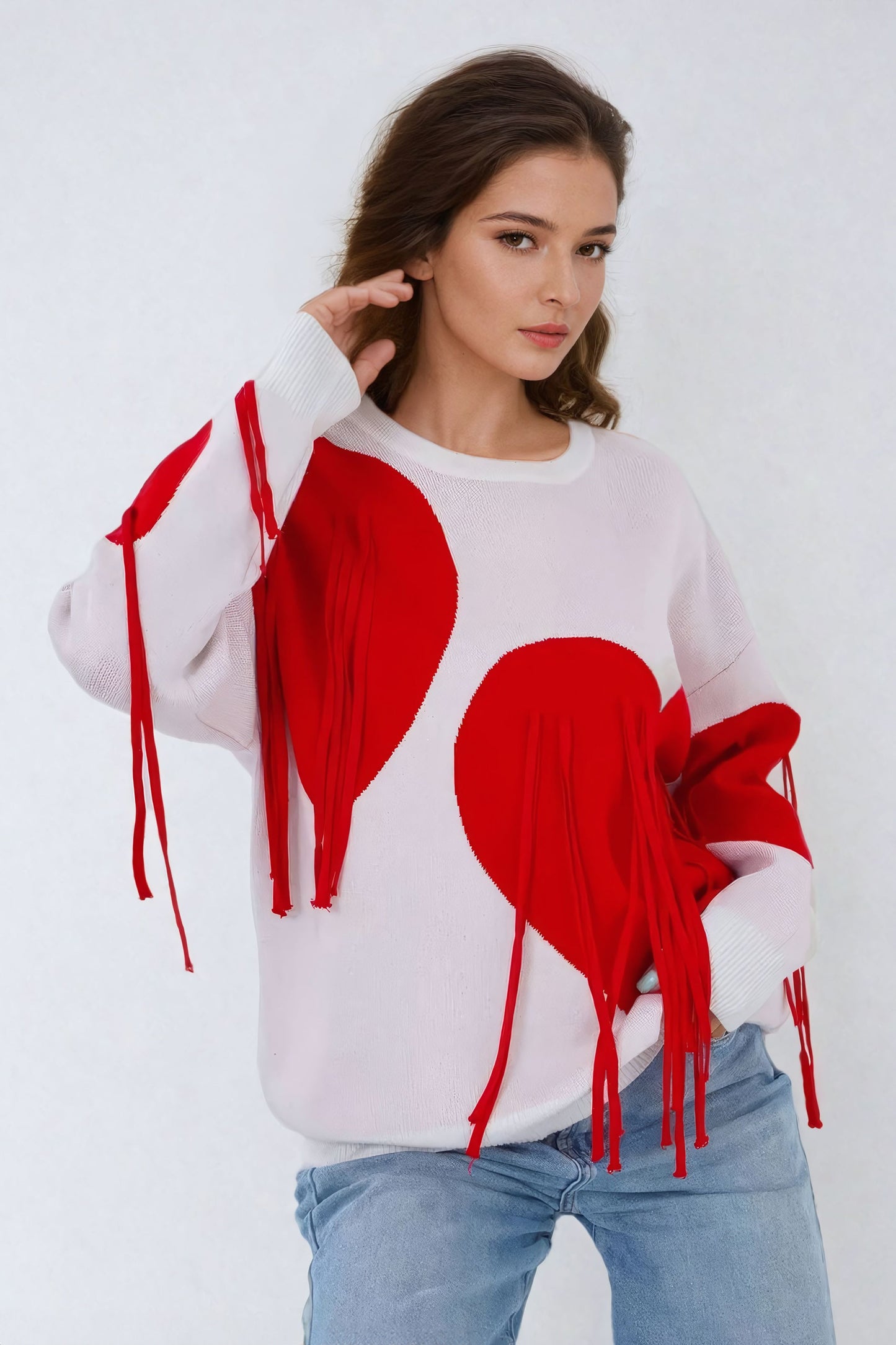 Heart-Embellished Sweater with Fringe Detailing - Light Pink