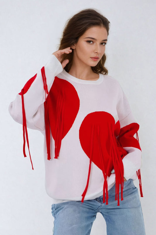 Heart-Embellished Sweater with Fringe Detailing - Light Pink