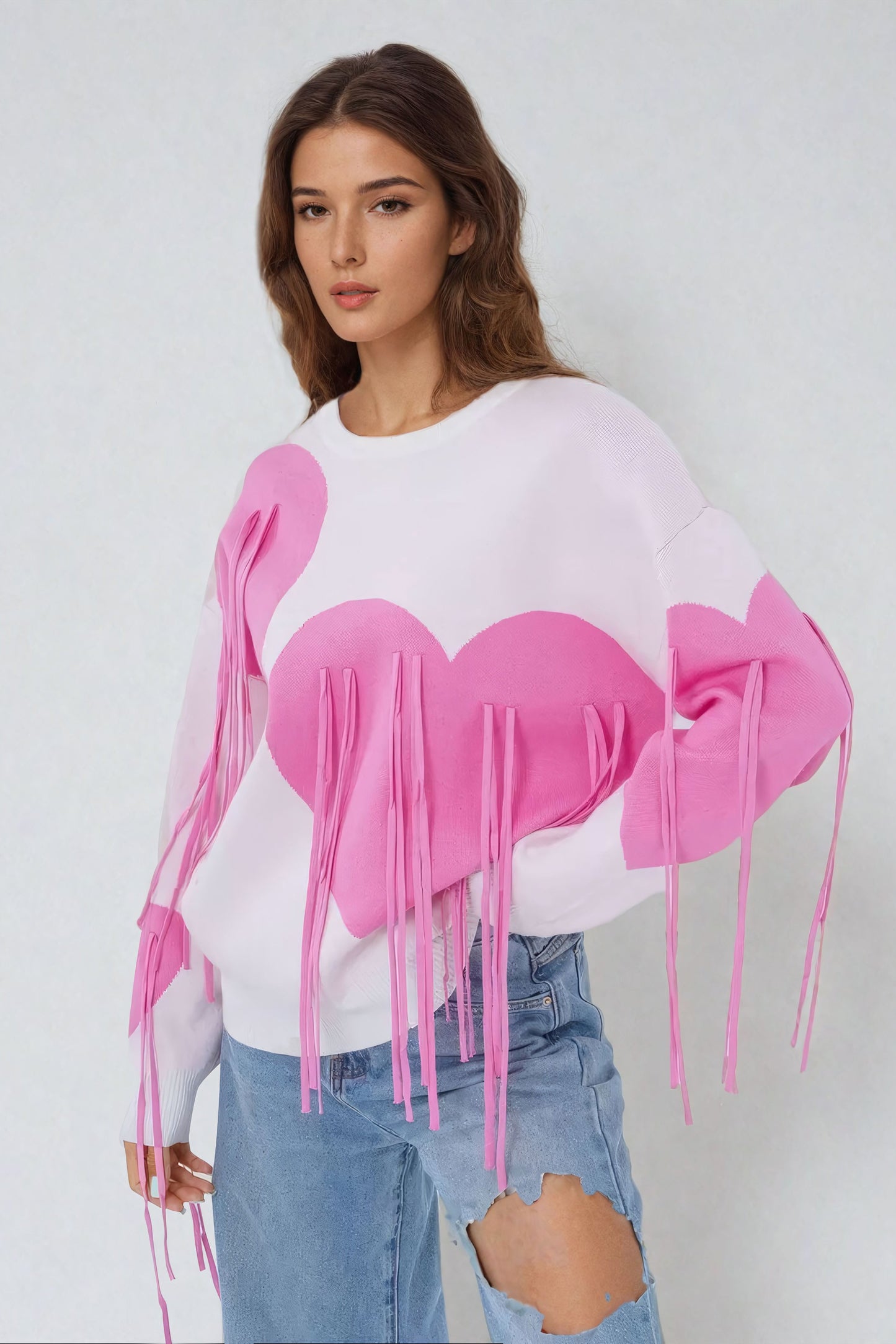 Heart-Embellished Sweater with Fringe Detailing - Pink