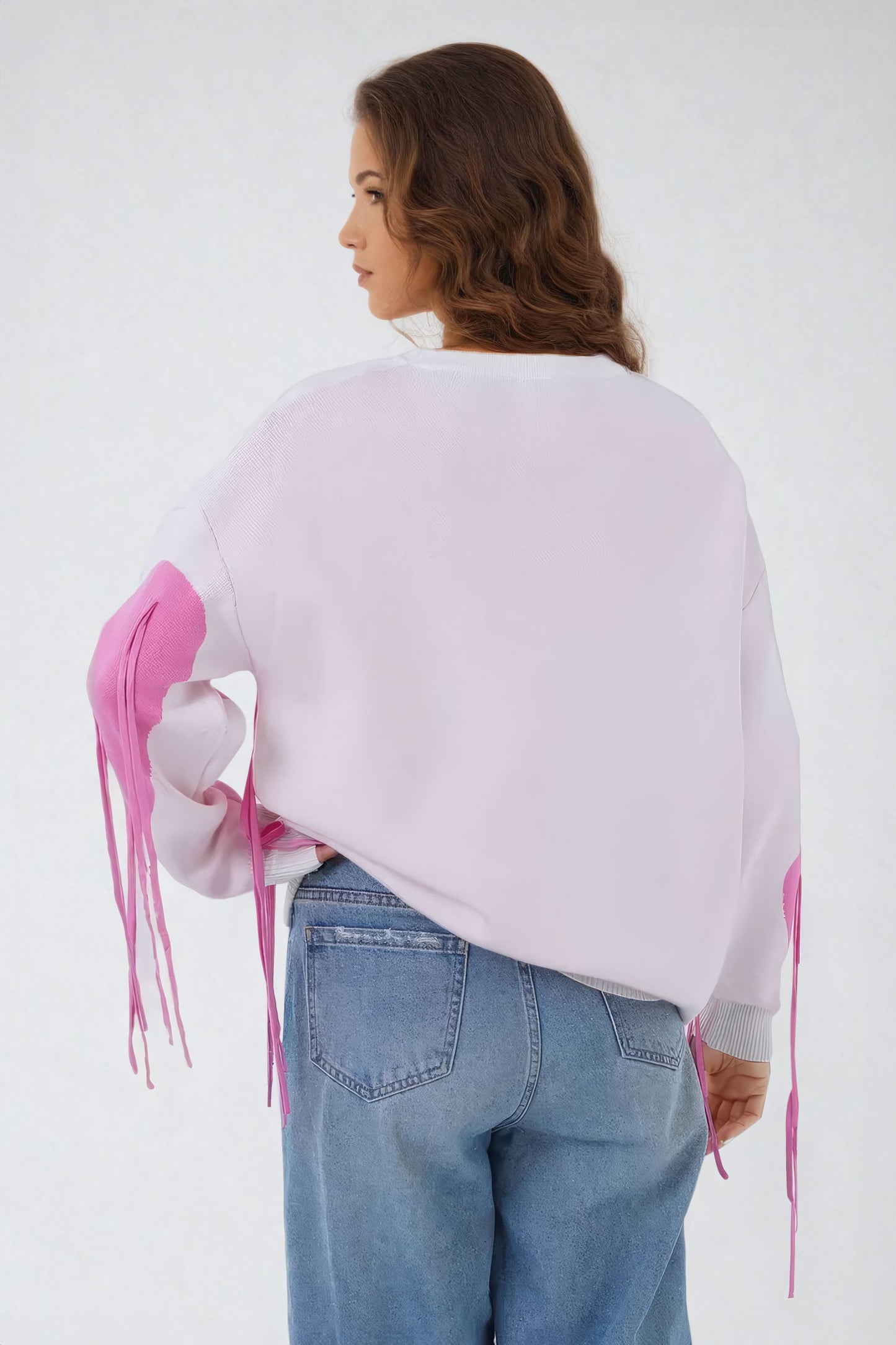 Heart-Embellished Sweater with Fringe Detailing - Pink