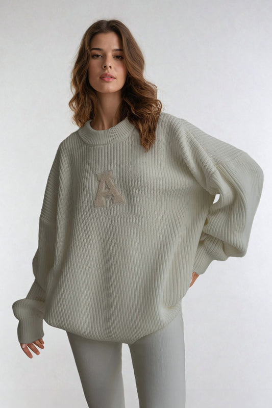 Oversized Ribbed Sweater with Embroidered Letter "A" Accent - White