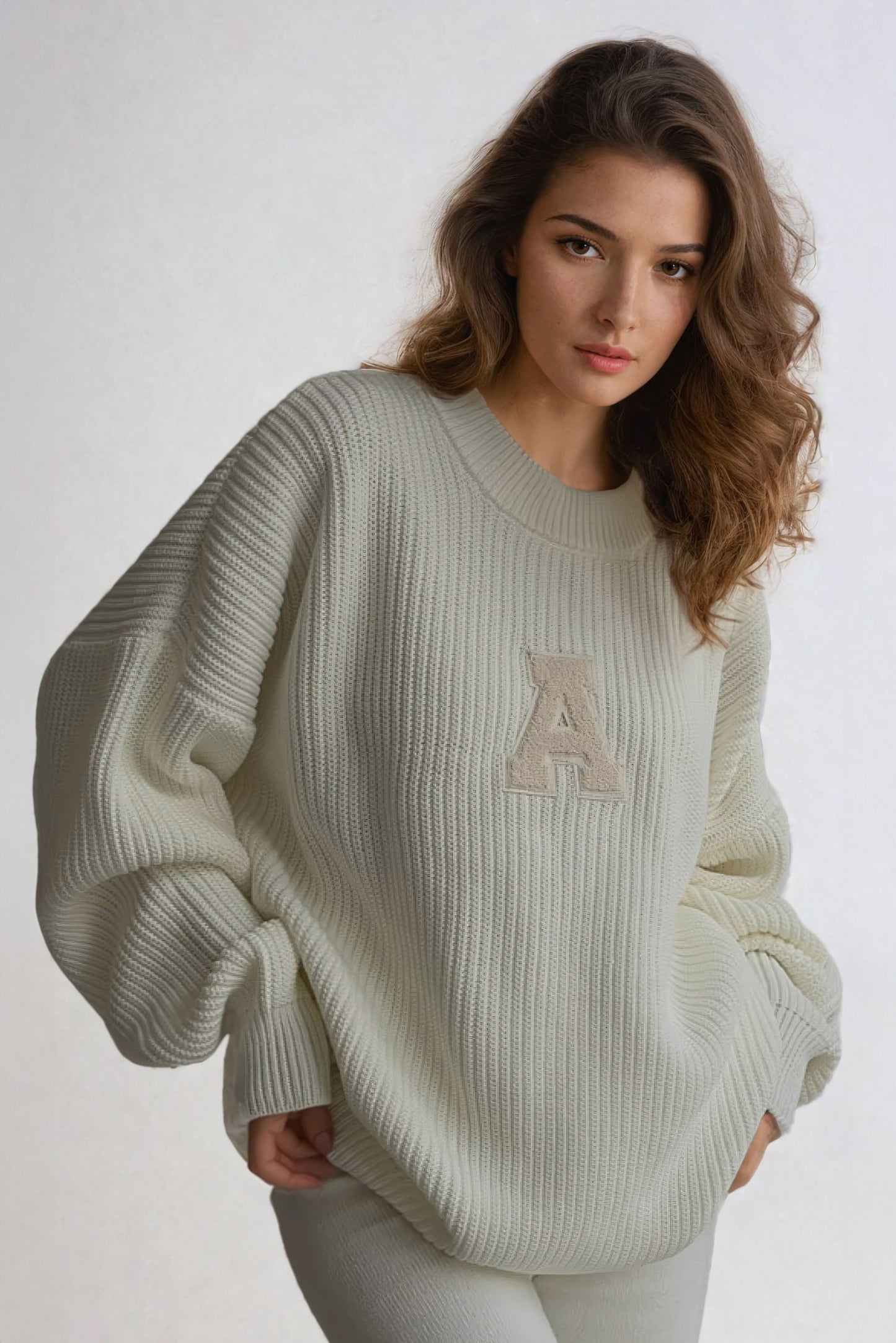 Oversized Ribbed Sweater with Embroidered Letter "A" Accent - White