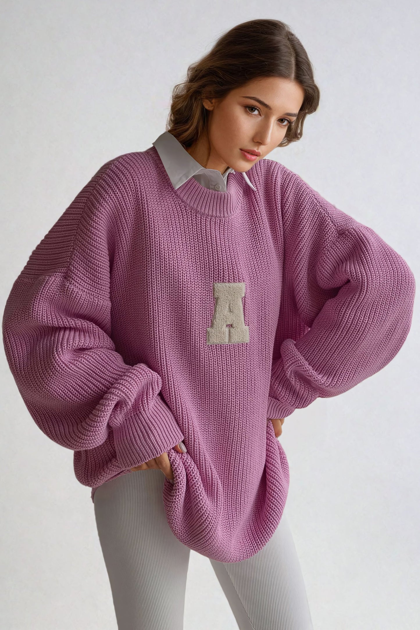 Oversized Ribbed Sweater with Embroidered Letter "A" Accent - Pink