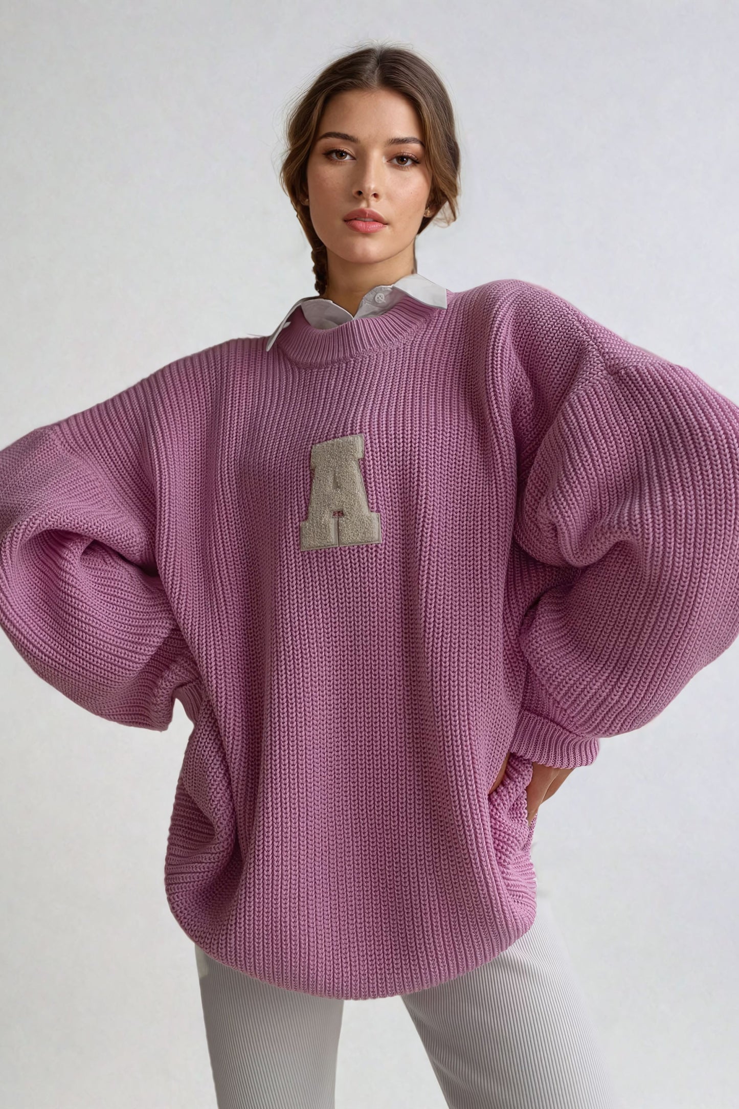 Oversized Ribbed Sweater with Embroidered Letter "A" Accent - Pink