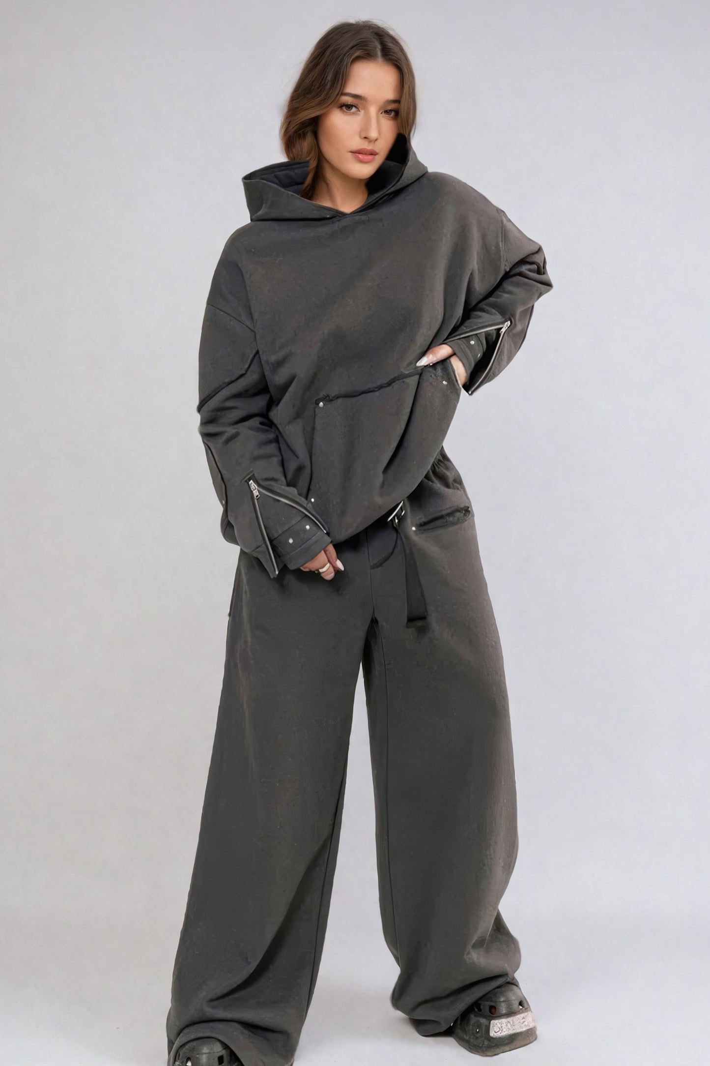 Hooded Zip-Accented Jacket and Wide-Leg Trousers Co-Ord Set - Gray