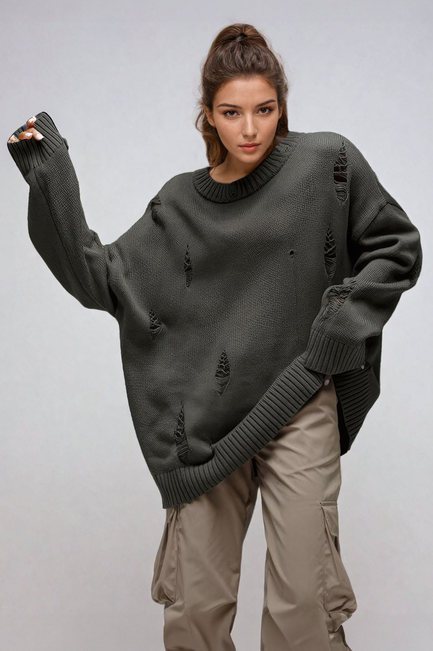 Tattered Oversized Knit Sweater - Gray