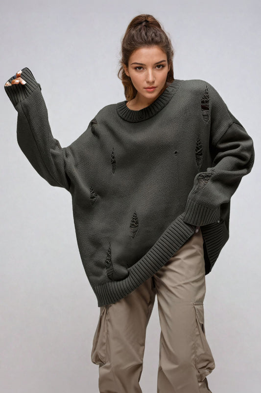 Tattered Oversized Knit Sweater - Gray