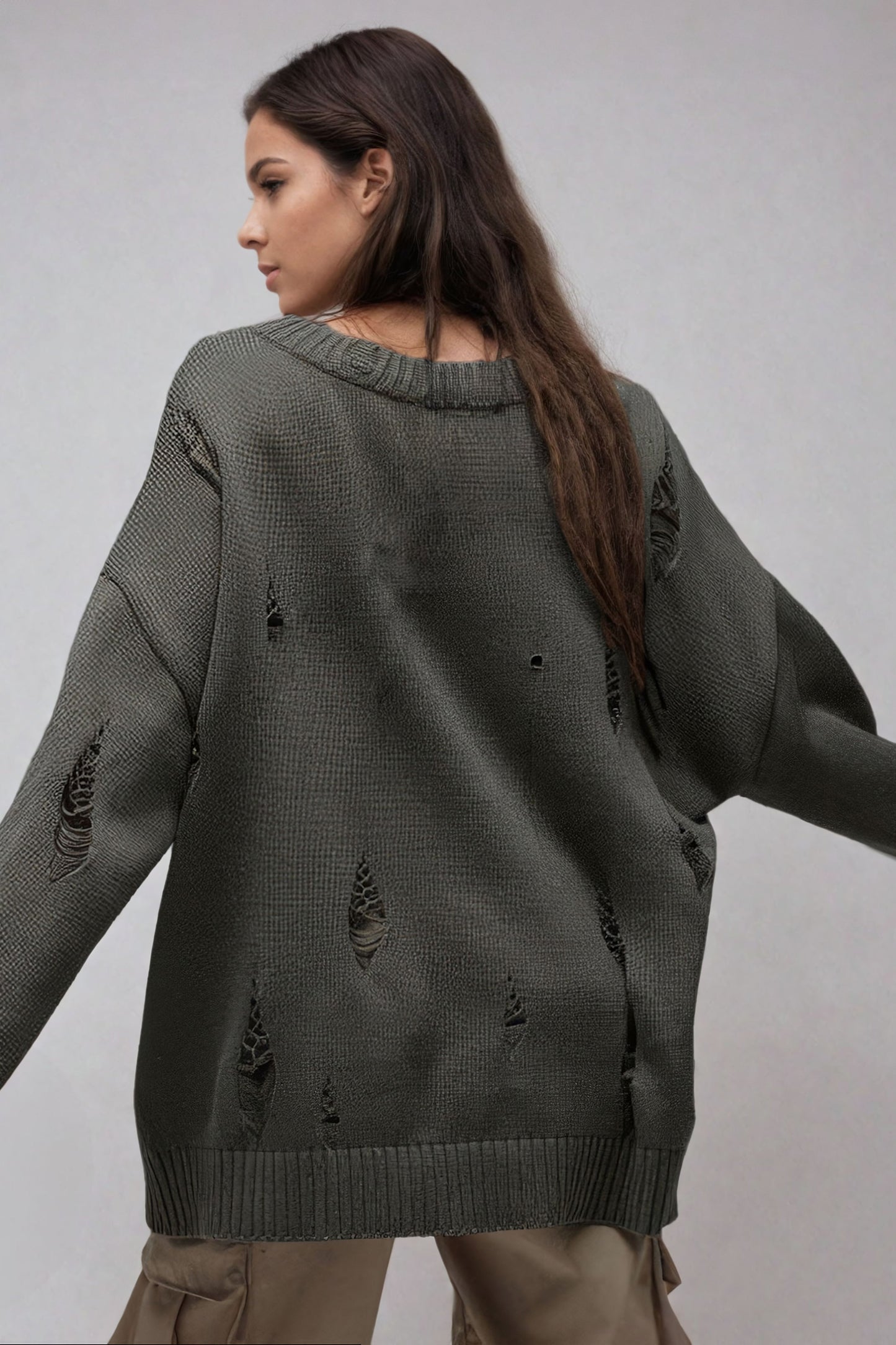 Tattered Oversized Knit Sweater - Gray