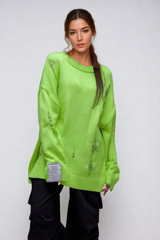 Tattered Oversized Knit Sweater - Green