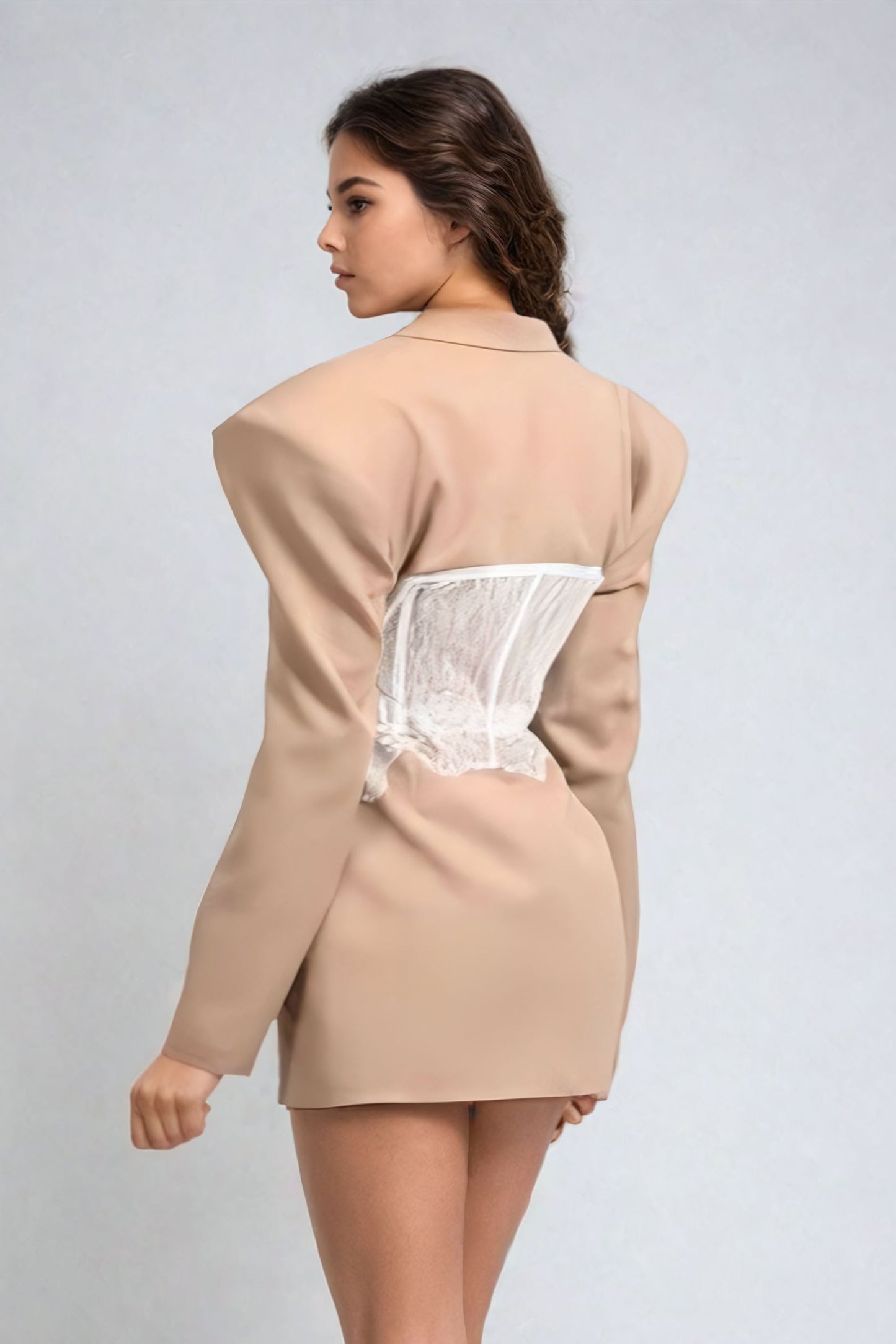 Blazer-Style Mini Dress with Lace Corset Detailing - Brown