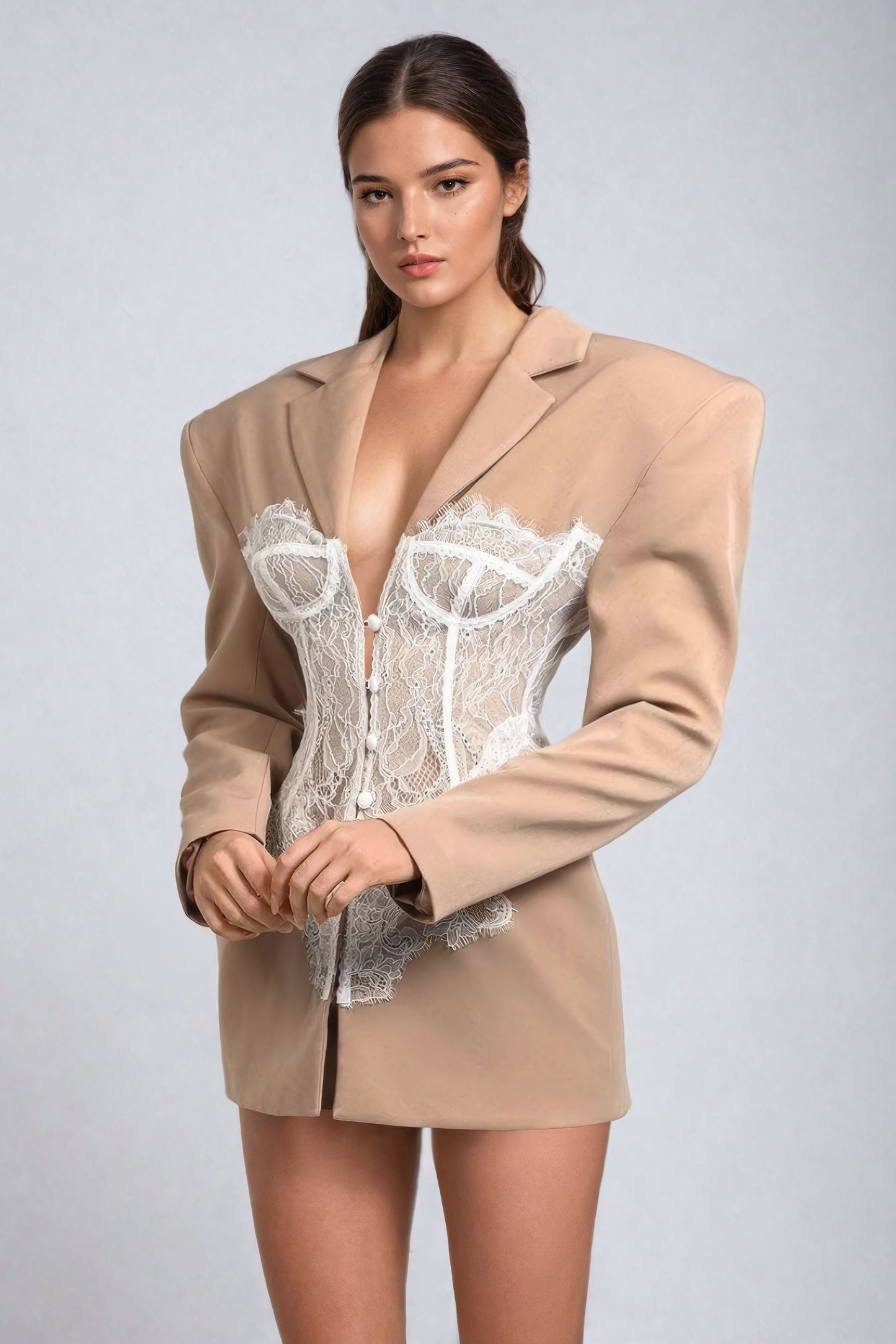 Blazer-Style Mini Dress with Lace Corset Detailing - Brown