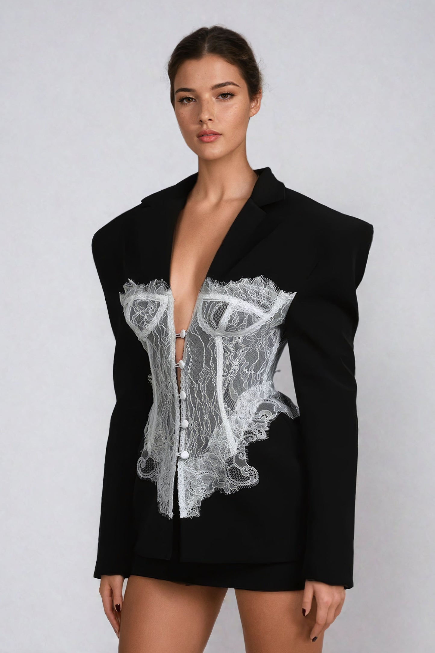 Blazer-Style Mini Dress with Lace Corset Detailing - Black