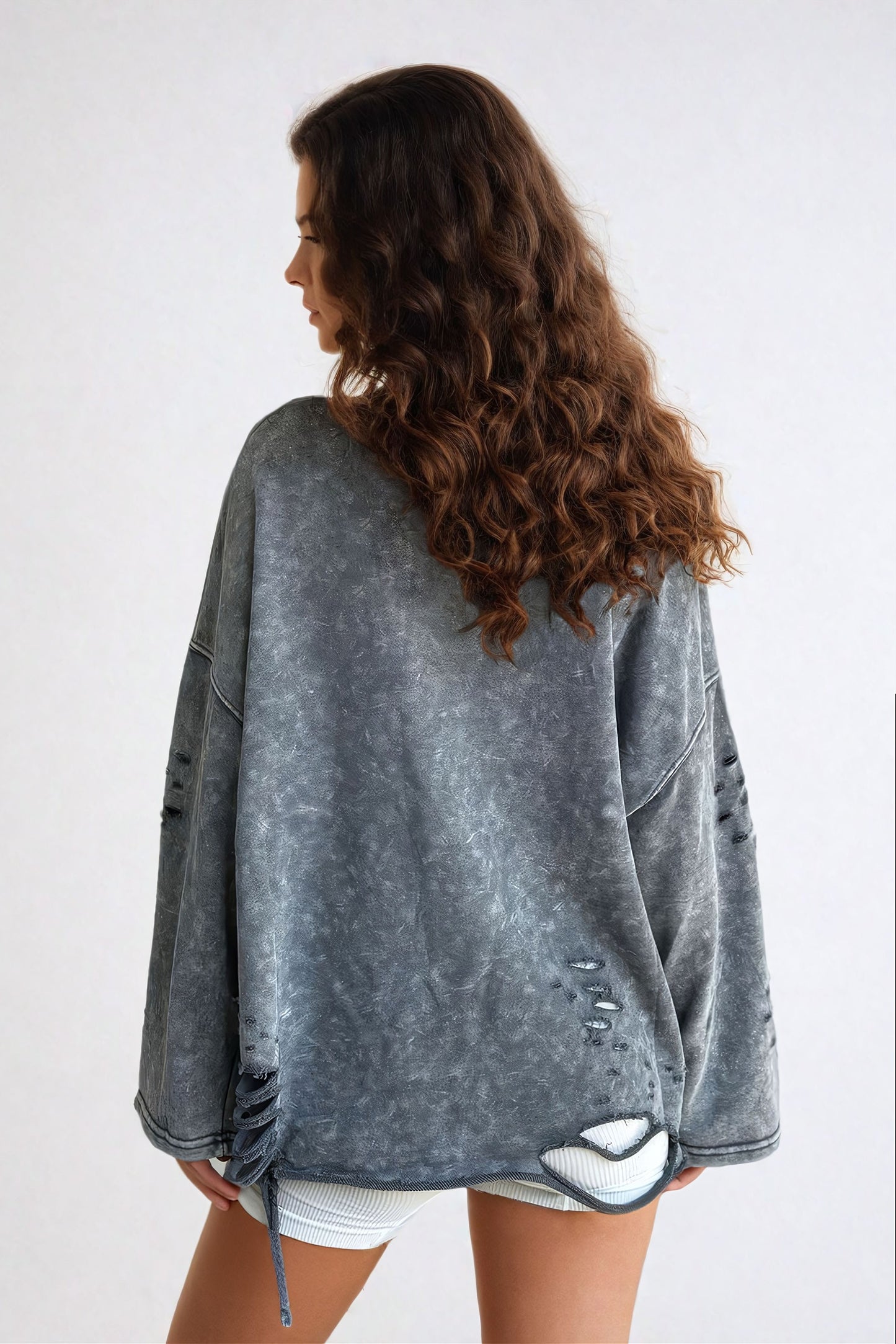 Tattered Long Sleeve Tie-Dye Sweatshirt - Gray