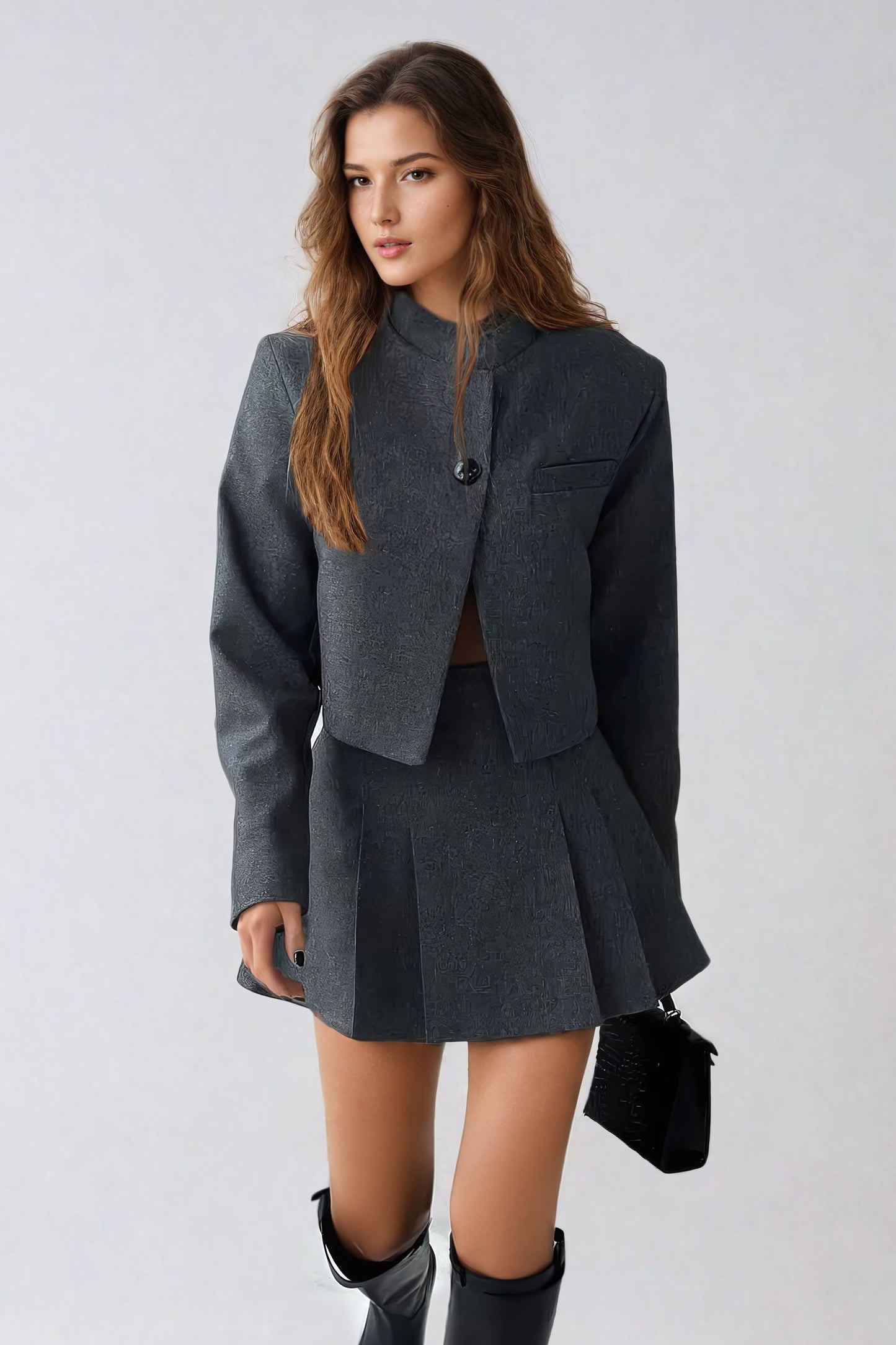 Cropped Blazer and Pleated Mini Skirt Co-Ord Set - Gray