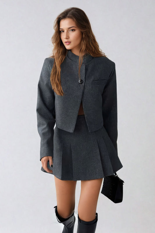 Cropped Blazer and Pleated Mini Skirt Co-Ord Set - Gray